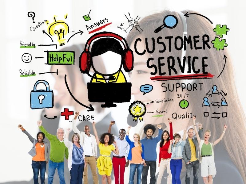 Illustration of excellent customer service with diverse happy customers