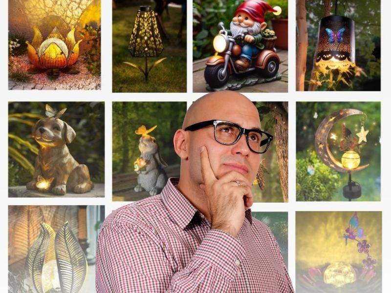 Man thinking in front of various solar garden light designs on display