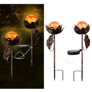 SM23570  Set of 2pcs Metal Iron+Glass Solar Flower Lotus Stake Lights