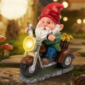 sm24179 resin gnome riding motorcycle freestanding solar light