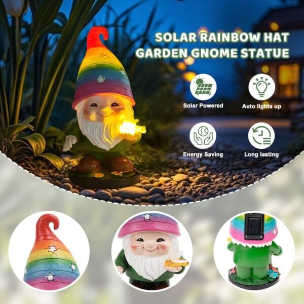 SM24949A Solar Rainbow Hat Garden Gnome Statue (5)