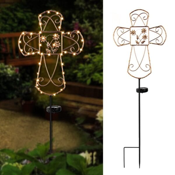 Cross-Shaped Solar Stake Light with Floral Perforations - Image 8