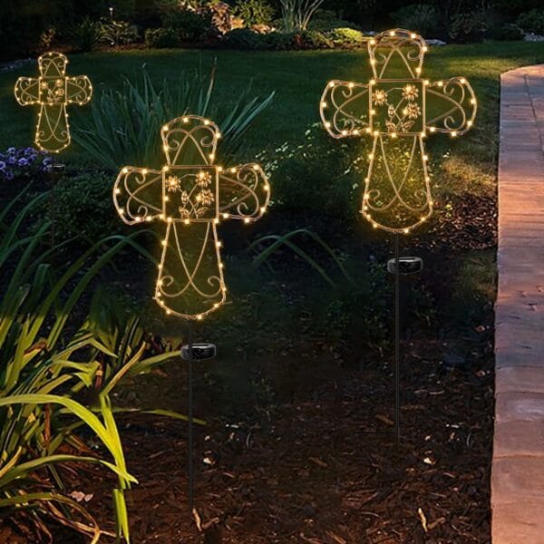 Cross-Shaped Solar Stake Light with Floral Perforations - Image 3