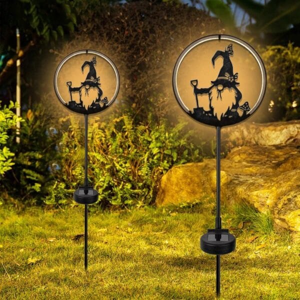 Black Gnome Solar Garden Light - Hoeing Gnome with Flowerpot - Image 3