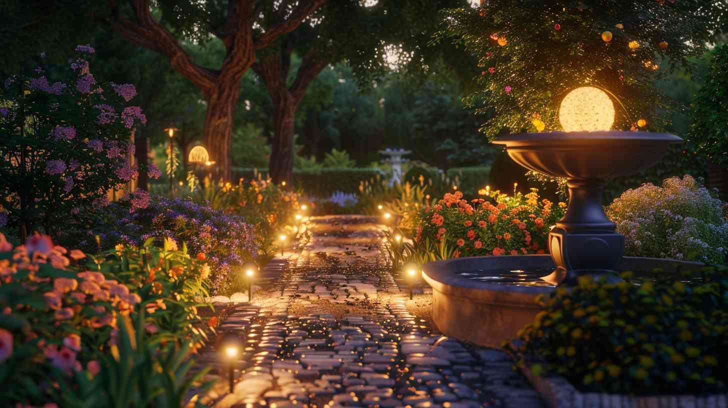 solar garden lights in a beautiful yard