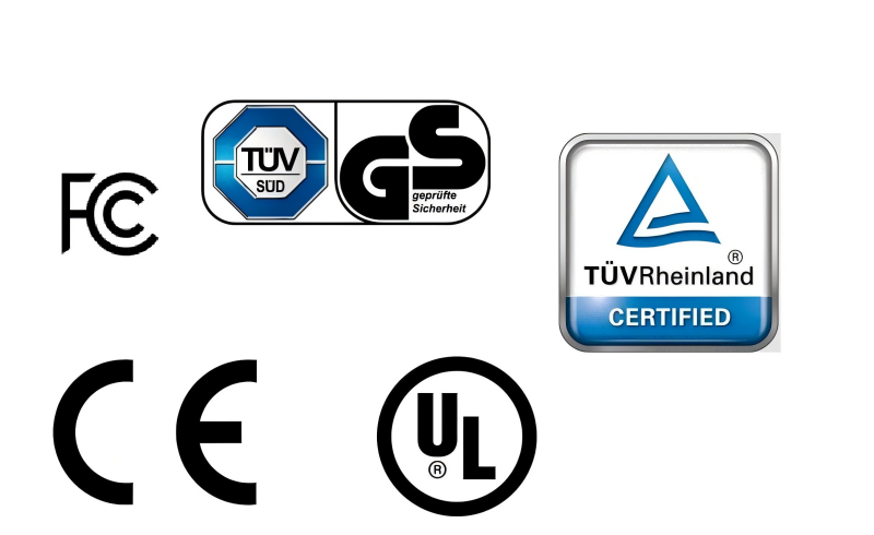 Various product certification logos including FCC, TÜV, GS, CE, UL, and TÜV Rheinland