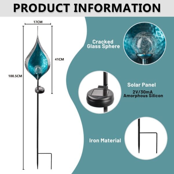 Teardrop Solar Stake Light with Turquoise Glass Shade - Image 7