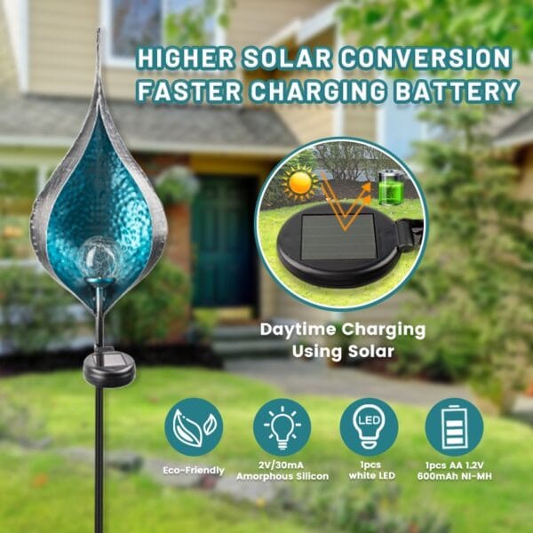 Teardrop Solar Stake Light with Turquoise Glass Shade - Image 5