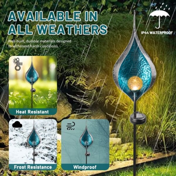 Teardrop Solar Stake Light with Turquoise Glass Shade - Image 4