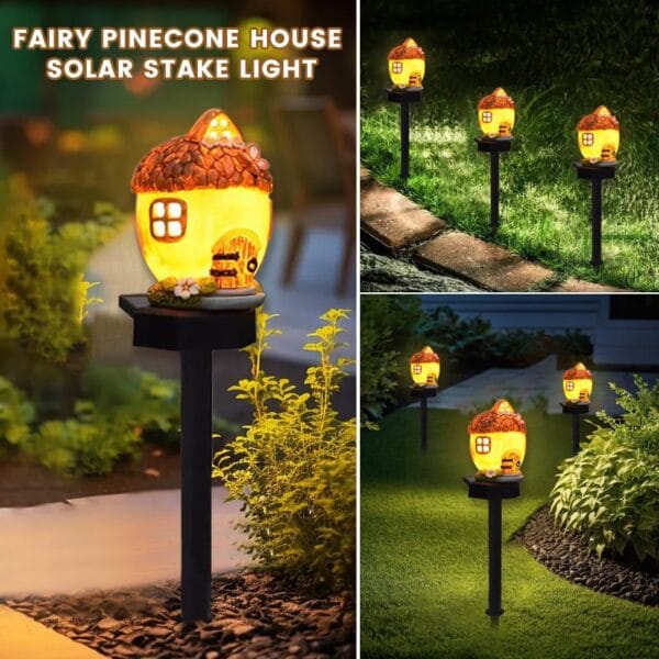 Sunny Fairy Pinecone House Solar Stake Light with Yellow Roof & Brown Bark - Image 3