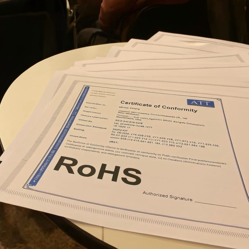 RoHS Certificate of Conformity document displayed on a table