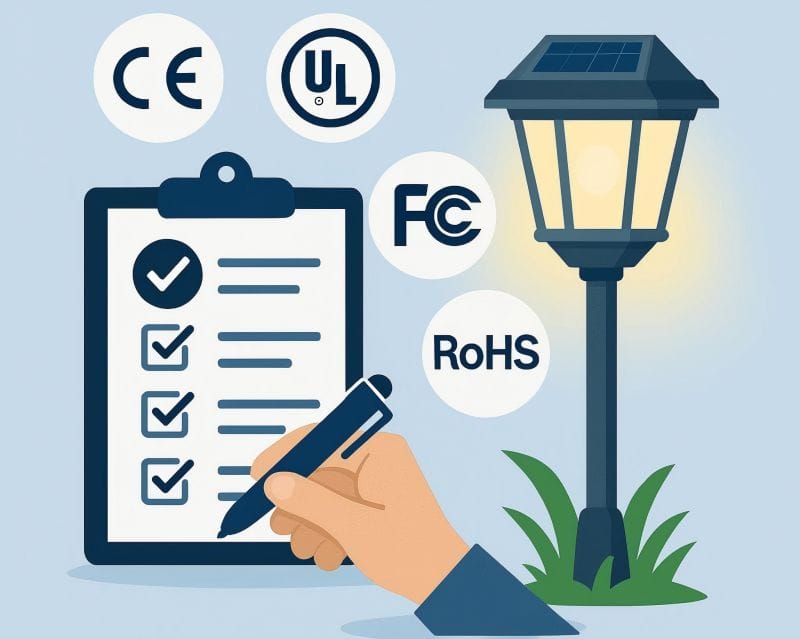 Checklist with CE, UL, FCC, and RoHS certifications next to solar garden light