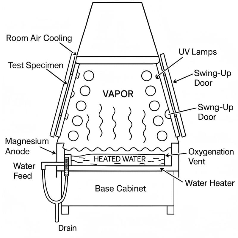 Diagram of a UV weathering test chamber showing water vapor, UV lamps, and test specimen