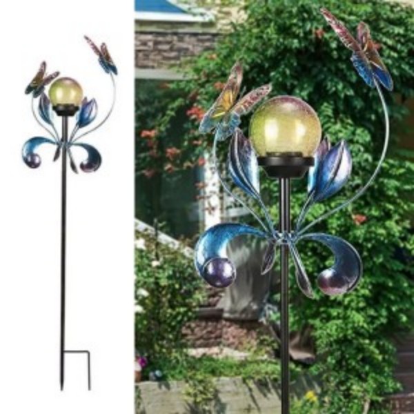 Stake-mounted cracked glass globe solar light with decorative metal leaves and butterfly accents