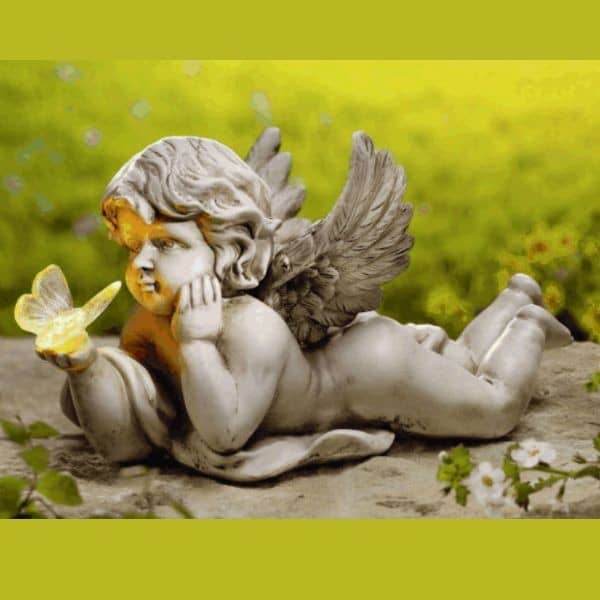 Resin reclining cherub statue with small illuminated butterfly (freestanding)