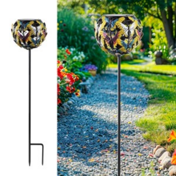 Stake-mounted hollow butterfly globe solar garden light with metal cutout sphere