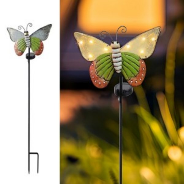 Stake-mounted resin butterfly solar garden light with warm white LED accents