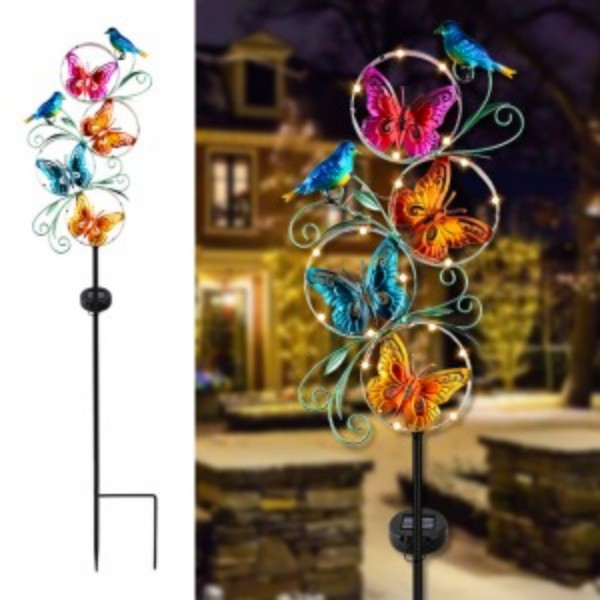 Stake-mounted metal triple-ring butterfly and bird solar garden light