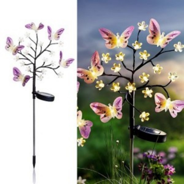 Stake-mounted metal butterfly branch solar garden light