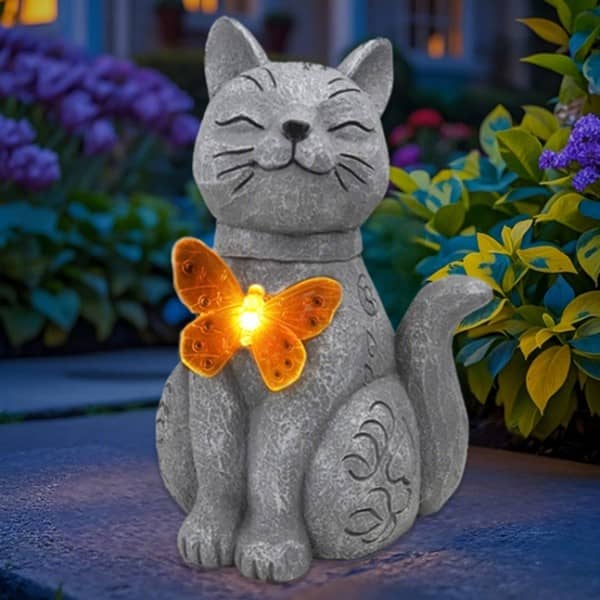 Resin cat statue solar light with illuminated butterfly accent (freestanding)