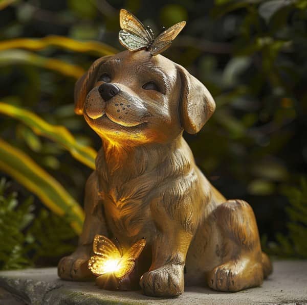 Resin dog statue solar light with glowing butterfly accents (freestanding)