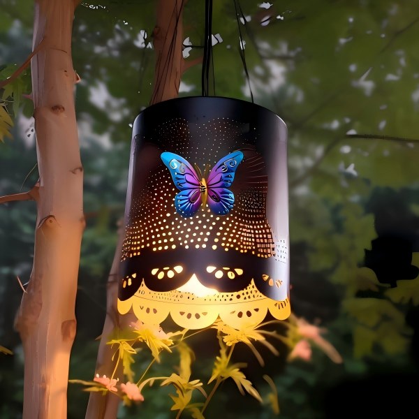 Hanging perforated drum solar lantern with colorful butterfly decal