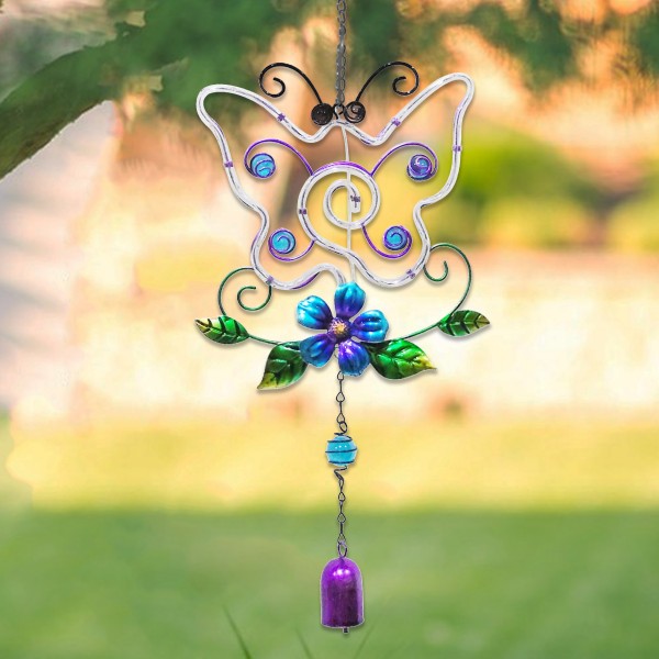Hanging Metal Butterfly Wind Chime with Blue-Purple Flower and Purple Bell – Painted Iron/Acrylic