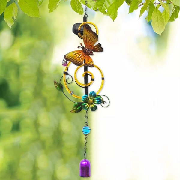 Hanging Butterfly Spiral Wind Chime with Yellow-Orange Butterfly and Teal Flower – Painted Metal/Resin