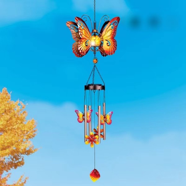 Hanging Butterfly Wind Chime with Large Orange Butterfly Top and Metal Tubes – Painted Metal/Resin