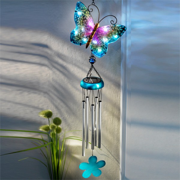Hanging Iridescent Butterfly Wind Chime with Turquoise Ring and Silver Tubes – Acrylic/Metal Hybrid