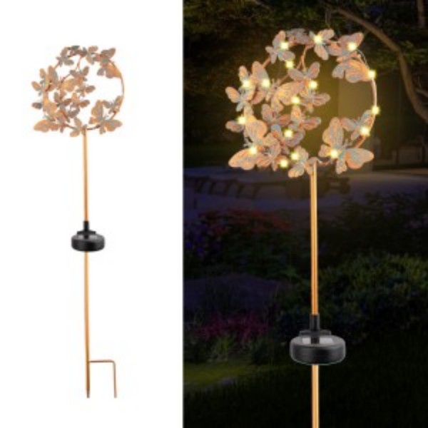 Elegant stake-mounted metal butterfly ring solar garden light