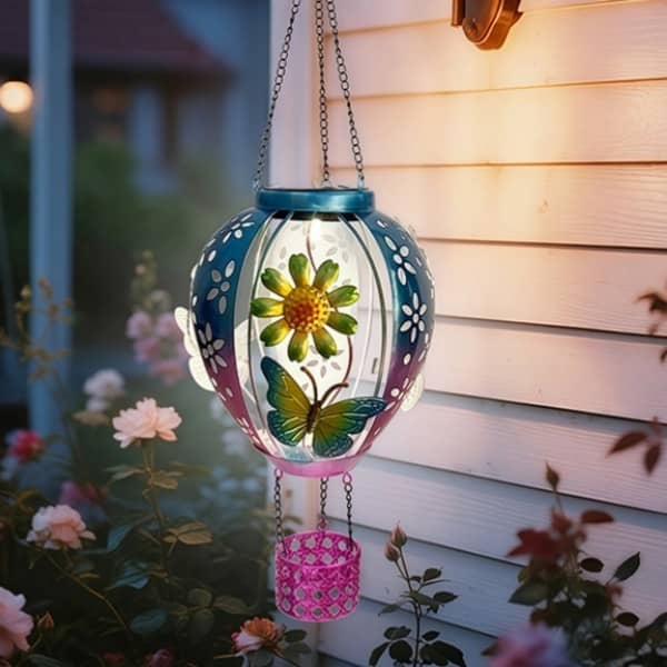 Hanging perforated balloon solar lantern with butterfly and flower panels