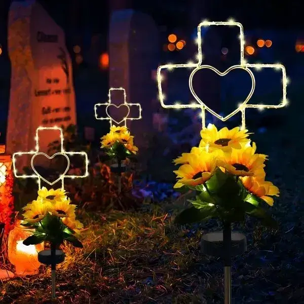 solar grave lights black cross shaped solar lights with glowing hearts and sunflowers for cemetery in wholesale​
