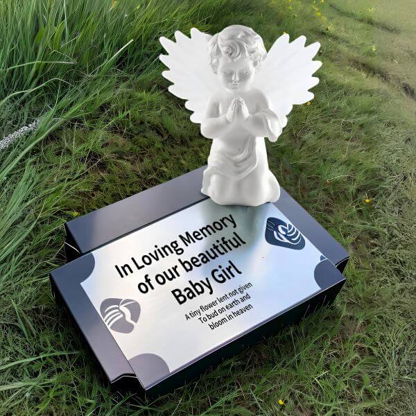 solar lights for grave white angel statue with prayer hands on black tombstone engraved with loving memory poem in wholesale​(1)