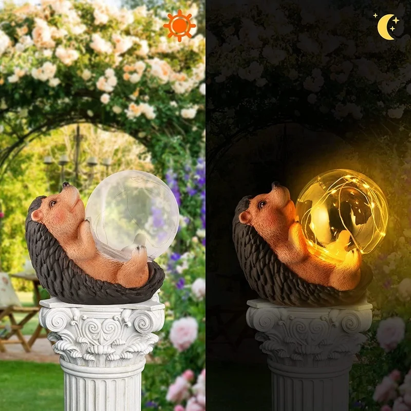 SM221071 Resin Hedgehog Garden Ornament with Solar Freestanding Light