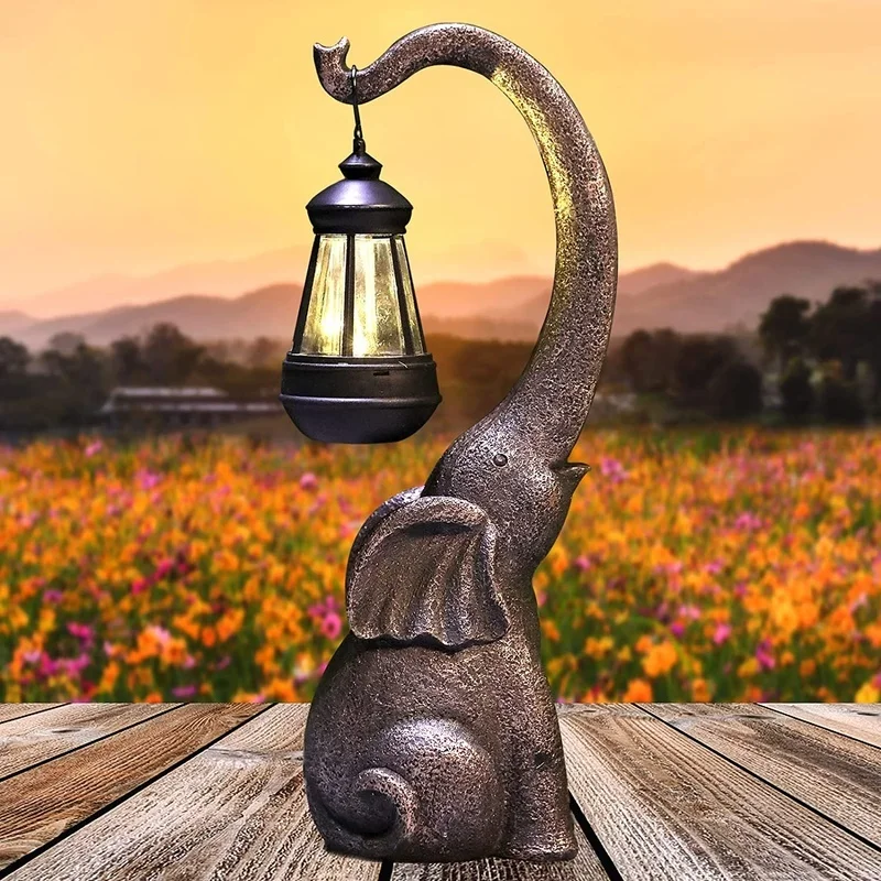 SM221111 Solar Powered LED Elephant Resin Statue - Freestanding Animal Sculpture with Lights