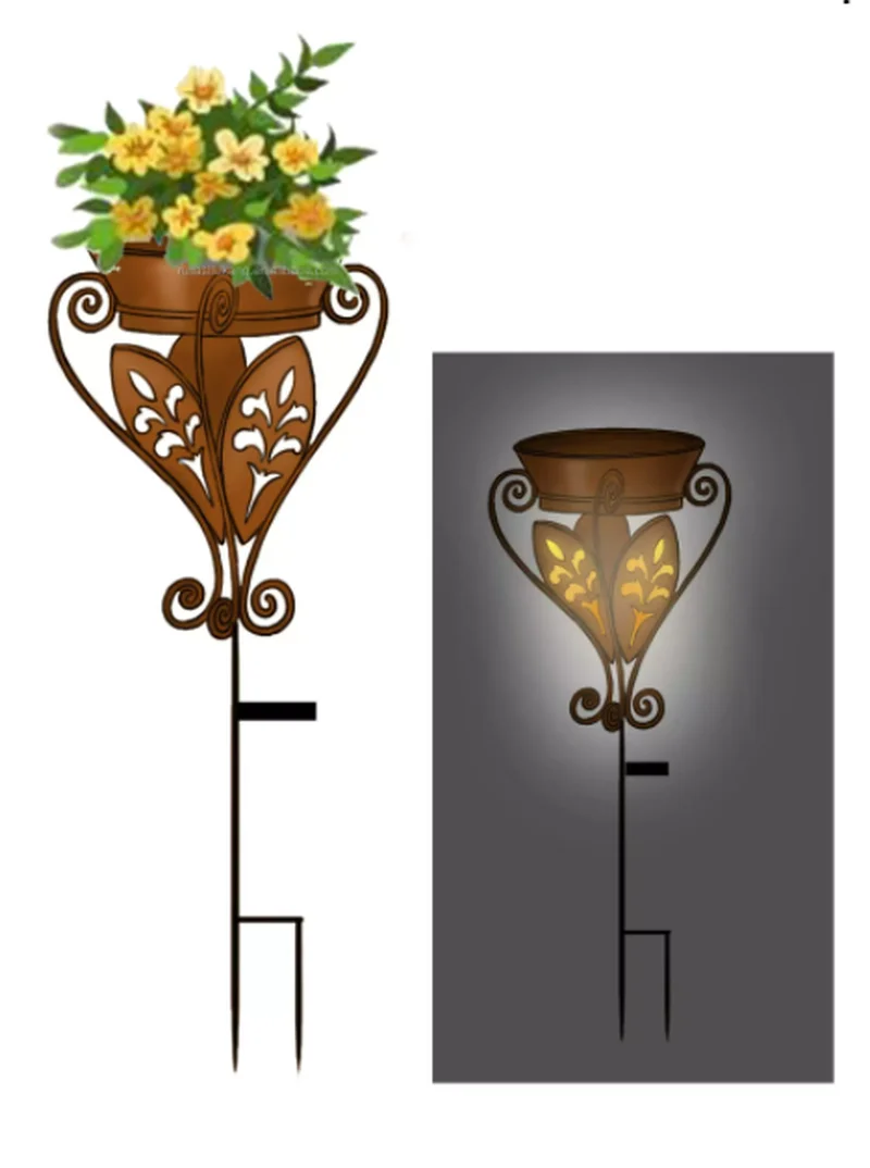 SM221127 Plastic PP and Metal Iron Standing Flower Pot with Solar Freestanding Light