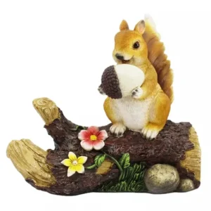 SM221133 Solar Squirrel Eating Pine Cone Resin Statue - Freestanding Light-Up Animal Sculpture