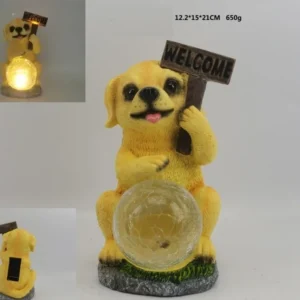 SM221145 Solar Puppy Resin Statue with Welcome Sign, Freestanding Garden Light with Dog and Globe Base