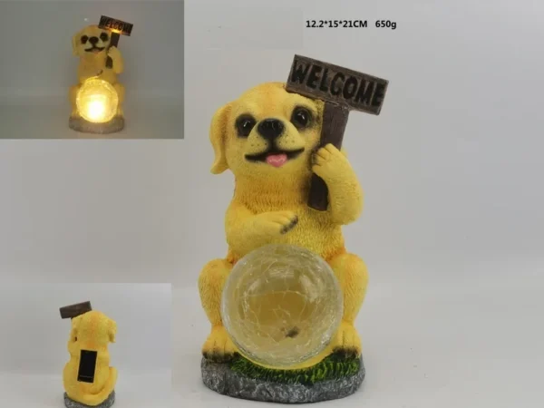 SM221145 Solar Puppy Resin Statue with Welcome Sign, Freestanding Garden Light with Dog and Globe Base