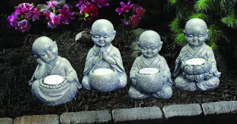SM221191 Little Monk Resin Statue Solar Freestanding Light