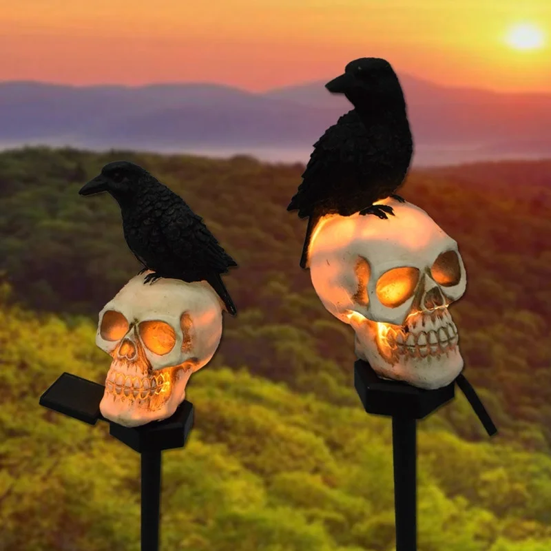 SM221280 Resin Crow Skeleton Solar Lamp Tabletop Animal Statue_2