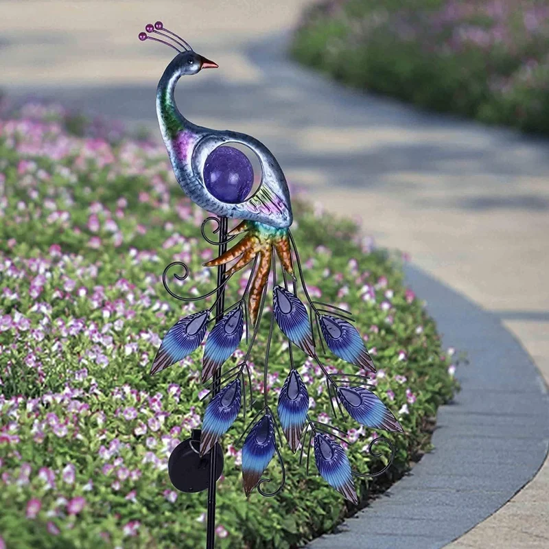 SM221326 Metal Iron + Glass Peacock Solar Stake Light Animal Bird