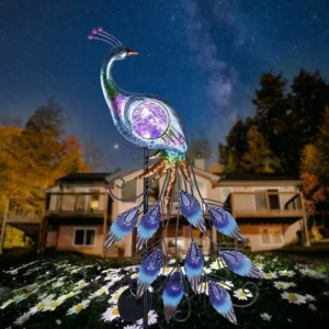 SM221326 Metal Iron + Glass Peacock Solar Stake Light Animal Bird_2