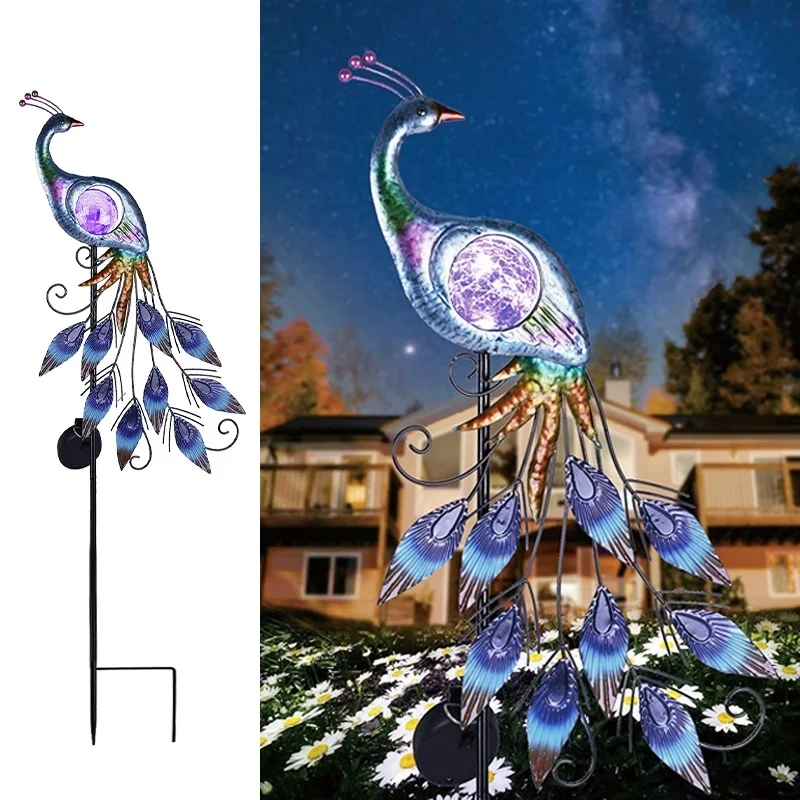 SM221326 Metal Iron + Glass Peacock Solar Stake Light Animal Bird_3
