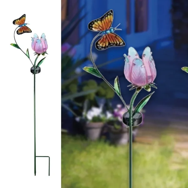 SM221331 Solar Stake Light - Metal Iron & Glass Butterfly, Flower, Tulip, Animal