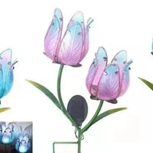 SM221332 Metal Iron + Glass Tulip Flower Decorative Solar Stake Light