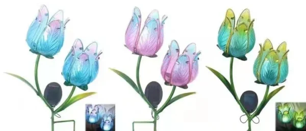 SM221332 Metal Iron + Glass Tulip Flower Decorative Solar Stake Light