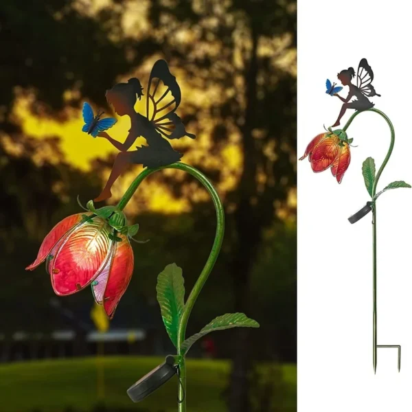 SM221339 Solar Stake Light - Metal Iron & Glass Fairy Sitting on Flower
