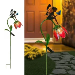 SM221339 Solar Stake Light - Metal Iron & Glass Fairy Sitting on Flower_3